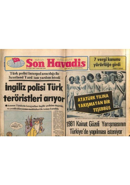 Son Havadis Gazetesi 2 Ocak 1981 - Ingiliz Polisi Türk Teröristleri Arıyor GZ97923
