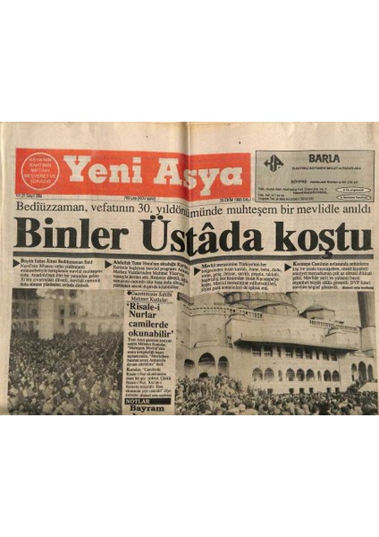 Yeni Asya Gazetesi 30 Ekim 1990 - Bediüzzaman Anıldı GZ104284