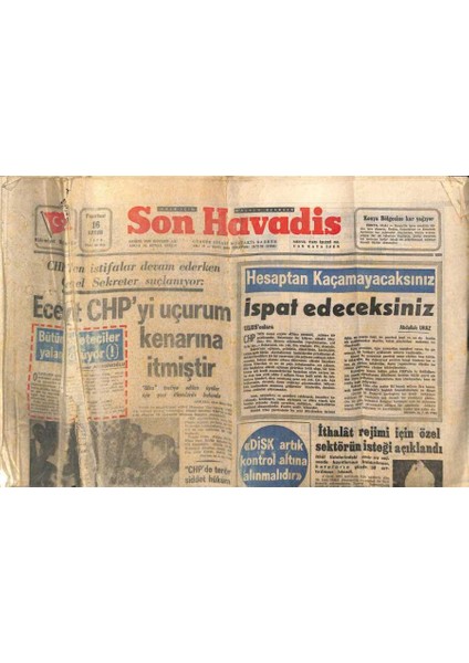 Son Havadis Gazetesi 16 Kasım 1970 - Büyük Felakete Uğrayan Pakistana Yardım Başladı - Ecevit Chpyi Uçurum Kenarına Itmiştir GZ98498