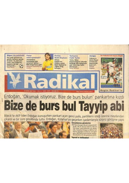 Radikal Gazetesi 8 Ekim 2002 - Tıp Nobeli Ölümsüzlüğe - Izmir Büyük Efes Otelinin 100 Bin Kalem Malı Açık Artırmayla Satılacak GZ127996