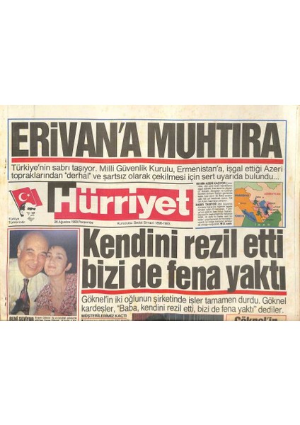 Hürriyet Gazetesi 26 Ağustos 1993 - Erivana Muhtıra - Michael Jackson Bir Sapık Mı ? - Çillerden Sözene Belediye Darbesi GZ127534