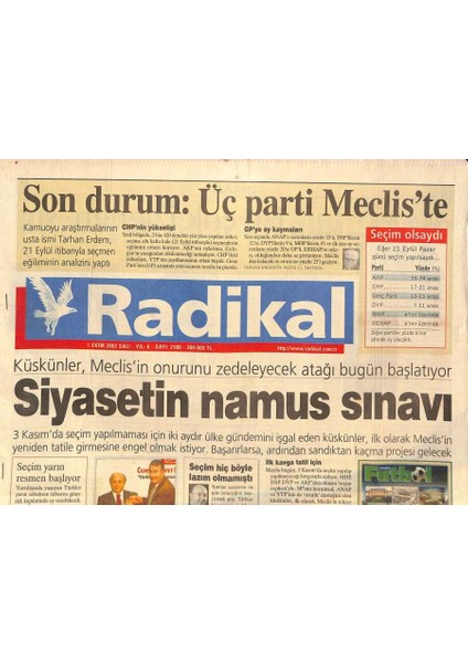 Radikal Gazetesi 1 Ekim 2002 - Ferrari Şampanyaya Doymuyor - Ispanyada Nihat Manşetlerde GZ127995