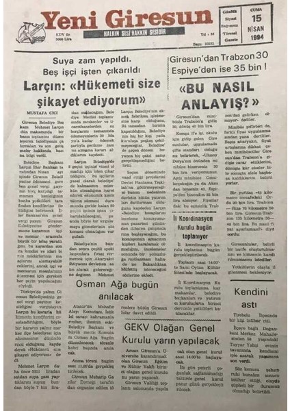 Yeni Giresun Gazetesi 15 Nisan 1994SUYA Zam Yapıldı GZ30079