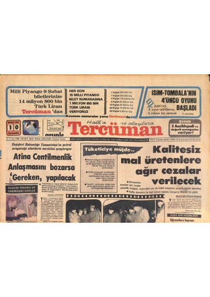 Tercüman Gazetesi 10 Şubat 1982 - Evren , Pasinlerde 16 Kurban Kesilerek Karşılandı - Fenerbahçede Kongre Kulisi Hızlandı GZ126766