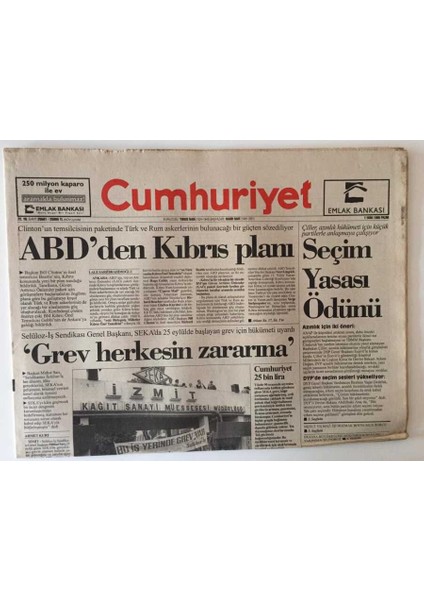 Cumhuriyet Gazetesi 1 Ekim 1995 - Seka Da Grev Herkesin Zararına GZ10936 fiyatları