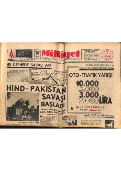 Milliyet Halk Gazetesi 7 Eylül 1965 - Apye Hayat Pahalılığının Sebepleri Sorulacak - Hind-Pakistan Savaşı Başladı GZ117805