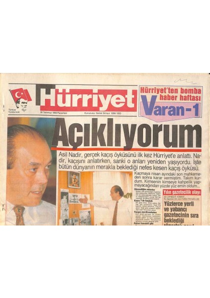 Hürriyet Gazetesi 26 Temmuz 1993 - Ermenileri Abd Durdurdu - Asil Nadir , Gerçek Kaçış Öyküsünü Ilk Kez Hürriyete Anlattı GZ126763