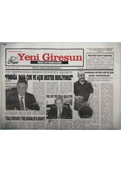 Yeni Giresun Gazetesi 19 Ağustos 2005 Şehit Üsteğmen Bahatın Ailesine Ziyaret -GZ44317 fiyatları