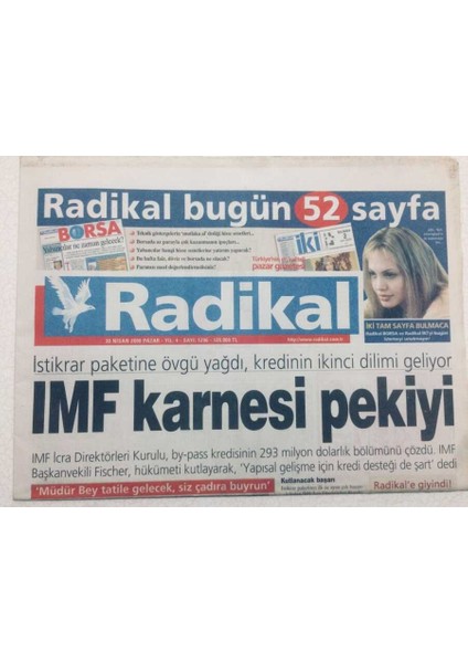 Radikal Gazetesi 30 Nisan 2000 - Imf Karnesi Pekiyi GZ47669
