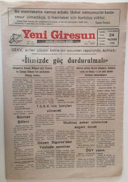 Yeni Giresun Gazetesi 24 Haziran 1995 - Ilimizde Göç Durdurulmalı GZ31037