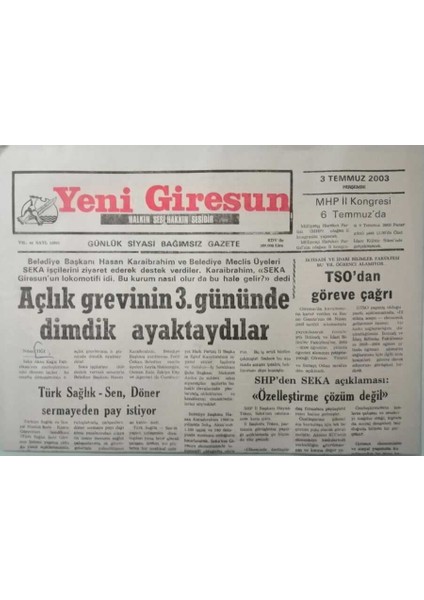 Yeni Giresun Gazetesi 3 Temmuz 2003 Rusya En Pahalı Gazı Türkiyeye Satıyor -GZ33281