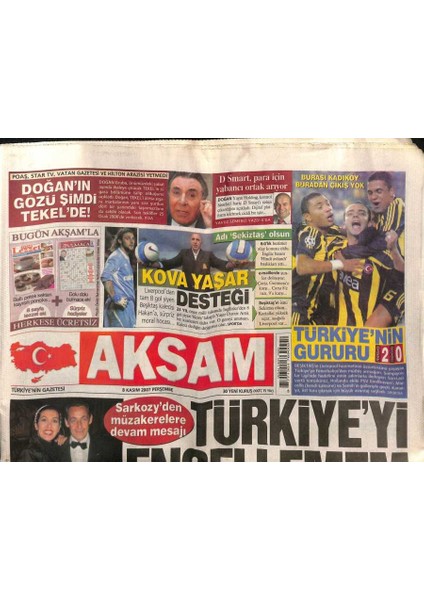 Akşam Gazetesi 8 Kasım 2007 - Sarkozyden Müzakerelere Devam Mesajı - Hakkariye 400 Uzman Komando GZ106046