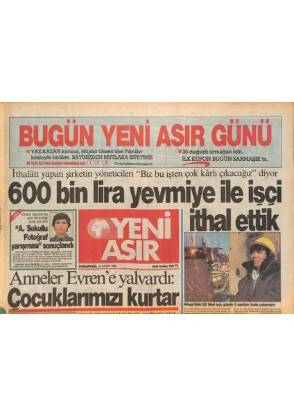 Yeni Asır Gazetesi 29 Kasım 1986 - Özal Yazarla Imam Nikahı Kıydı ! - Anneler Evrene Yalvardı GZ131578