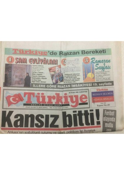 Türkiye Gazetesi 20 Ocak 1996 - Erbakan Iade Etti Görev Çillerde GZ47695