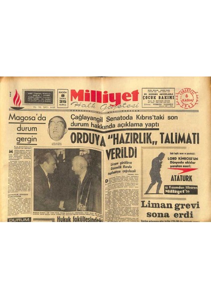 Milliyet Halk Gazetesi 6 Kasım 1965 - Magosada Durum Gergin - Liman Grevi Sona Erdi GZ118600