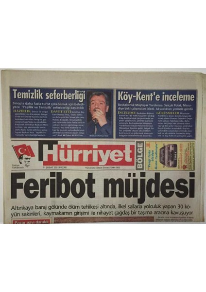 Hürriyet Gazetesi Bölge Eki 11 Şubat 2001 - Altınkaya Baraj Gölünde 30 Köyün Sakinlerine Feribot Müjdesi - GZ16941