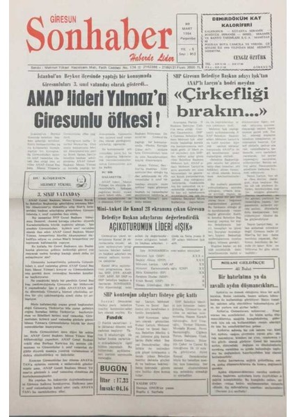 Giresun Son Haber Gazetesi 10 Mart 1994 Giresunluları 3.sınıf Vatandaş Olarak Gösteren Mesut Yılmaza Öfke Yağdı GZ14156