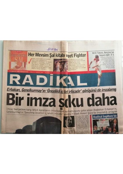 Radikal Gazetesi 1 Mayıs 1997 Bir Imza Şoku Daha - 40 Bin Asker Kuzey Irakta -GZ44220