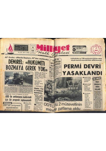 Milliyet Halk Gazetesi 7 Ekim 1977 - Permi Devri Yasaklandı - 1 Mayıs Sanıklarından 4ü Serbest Bırakıldı GZ118446