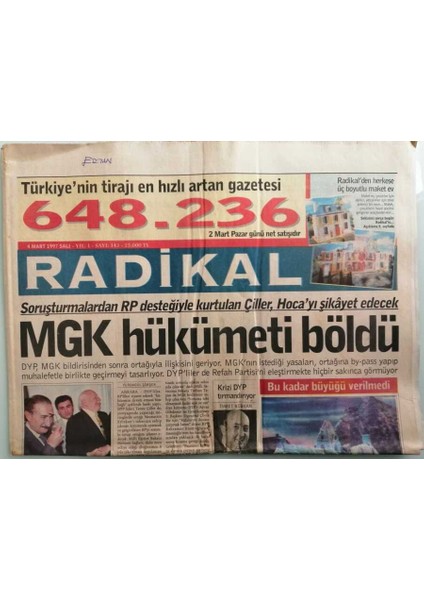 Radikal Gazetesi 4 Mart 1997 Erbakan Hükümet Mgkda Kurulmaz -GZ37969