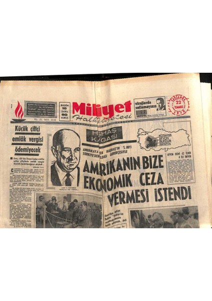 Milliyet Halk Gazetesi 22 Temmuz 1970 - Amerikanın Bize Ekonomik Ceza Vermesi Istendi - Odtüde Iki Öğretim Üyesi Dün Dövüldü GZ118369