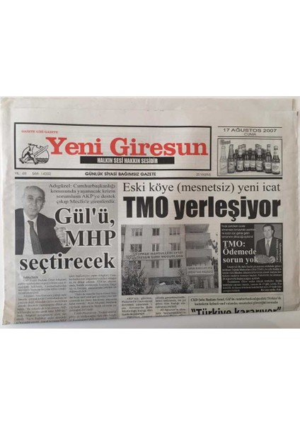Yeni Giresun Gazetesi 17 Ağustos 2007 - Eski Köye Yeni Icat Tmo Yerleşiyor GZ28764