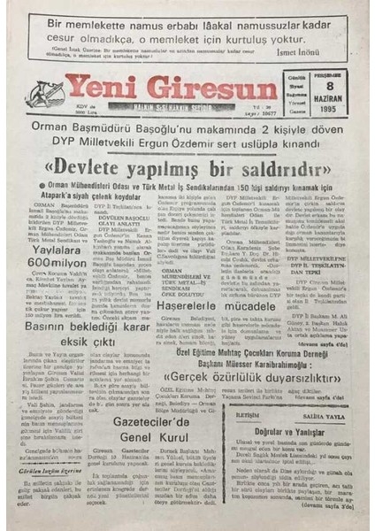 Yeni Giresun Gazetesi 8 Haziran 1995 Ergun Özdemirdevlete Yapılmış Bir Saldırıdır GZ30249