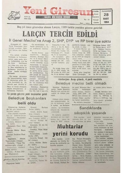 Yeni Giresun Gazetesi 28 Mart 1994 Beş Yıl Önce Görevden Alınan Larçın 1189 Farkla Yeniden Göreve Getirildi GZ25957