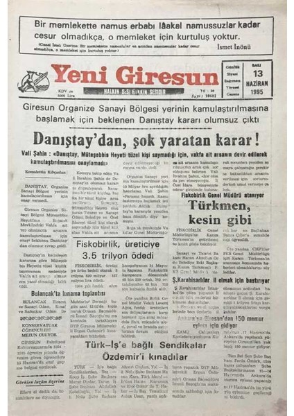 Yeni Giresun Gazetesi 13 Haziran 1995 Danıştaydan Şok Yaratan Karar GZ30228