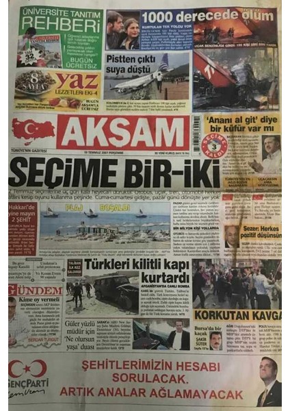 Akşam Gazetesi 19 Temmuz 2007-TALIBAN Ilk Kez Türklere Saldırdı GZ45498