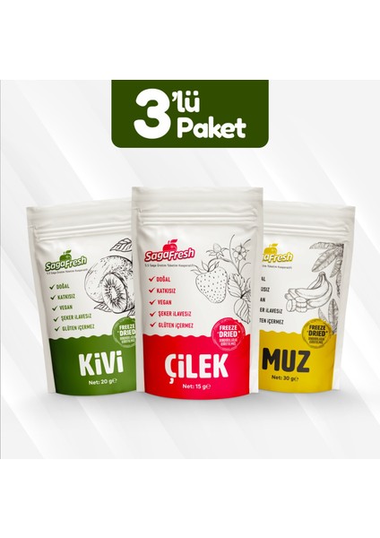 Dondurularak Kurutulmuş Meyve 3'lü Set 1 (Çilek 15G, Muz 30G, Kivi 20G)