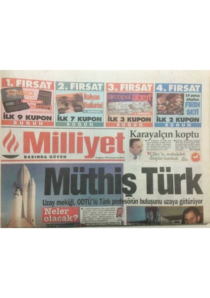 Milliyet Gazetesi 26 Ağustos 1995 - Uzay Mekiği Otdülü Türk Profesörün Buluşunu Uzaya Götürüyor Müthiş Türk GZ34937