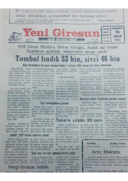Yeni Giresun Gazetesi 14 Aralık 1994 - Tombul Fındık 53 Bin Sivri 46 Bin GZ40739