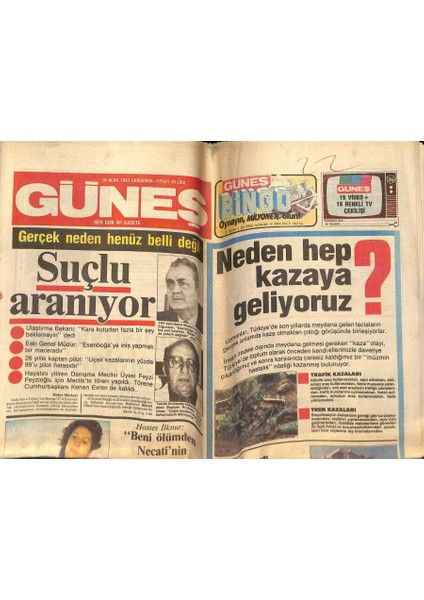 Güneş Gazetesi 19 Ocak 1983 - Türk Hava Yolları Boeing 727 Afyon Uçağının Düşmesi, Star Wars Sinemalarda GZ124127