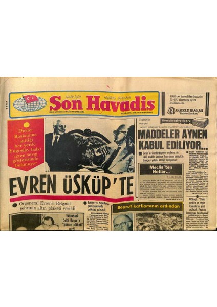 Son Havadis Gazetesi 22 Eylül 1982 - Aşçılar Kralı Jensen Istanbulda - Evren Üsküpte GZ124202