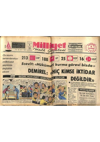Milliyet Halk Gazetesi 8 Haziran 1977 - Semiha Yankı Altın Orfe De Birinci Oldu - Demirel Hiç Kimse Iktidar Değildir GZ121620