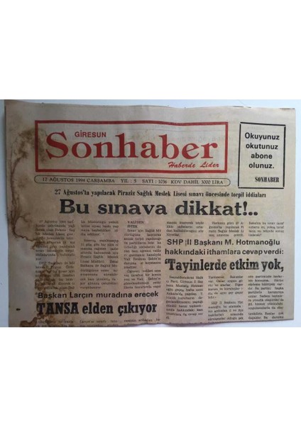 Giresun Son Haber Gazetesi 17 Ağustos 1994 - Memurdan Protesto ... GZ39031