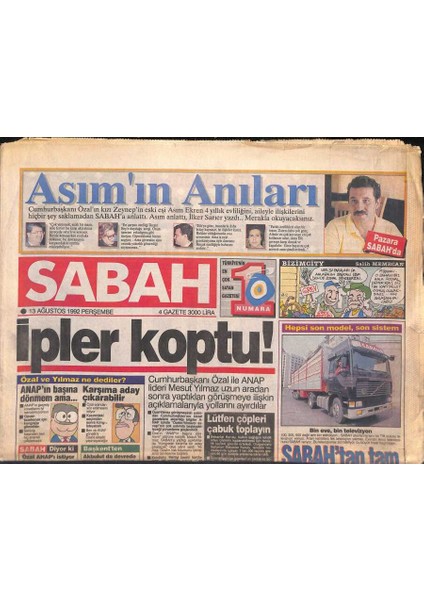 Sabah Gazetesi 13 Ağustos 1992 - Manken Hülya Avşar - Paşalimanındaki Tarihi Yalı Satışa Çıkarıldı ! GZ119435