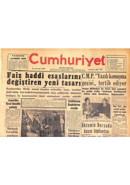 Gökçe Koleksiyon Cumhuriyet Gazetesi 9 Şubat 1957 - Izmir Vapuruna Ait Adli Tahkikat Bitti - Öktemin Bursada Basın Toplantısı GZ120293