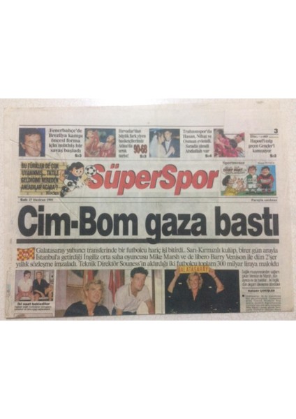 Hürriyet Gazetesi Süper Spor Eki 27 Haziran 1995 - Cim-Bom Gaza Bastı GZ23130