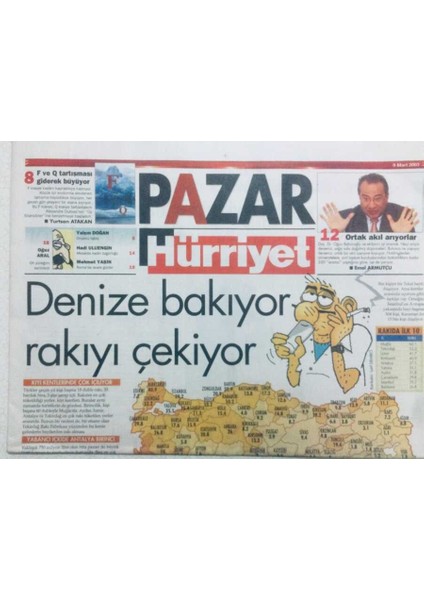 Hürriyet Gazetesi Pazar Eki 9 Mart 2003 - Denize Bakıyor Rakıyı Çekiyor GZ42017