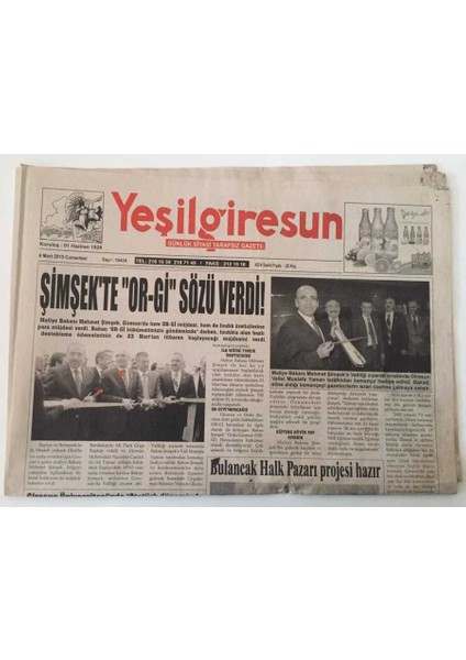 Yeşil Giresun Gazetesi - 6 Mart 2010 - Maliye Bakanı Mehmet Şimşek Or-Gi Sözü Verdi - GZ43829 fiyatları