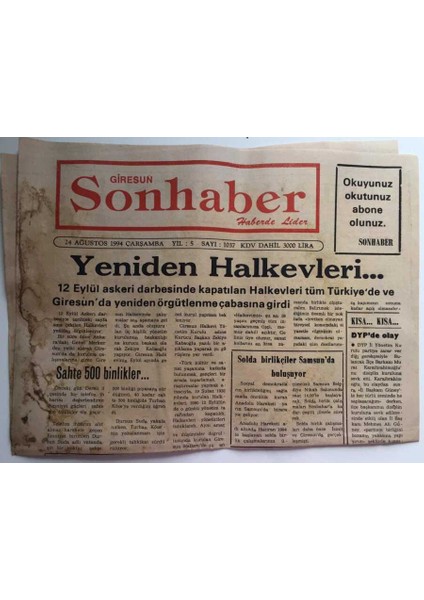 Giresun Son Haber Gazetesi 24 Ağustos 1994 - Yeniden Halkevleri... GZ39030