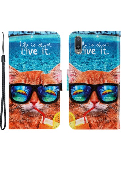 Özel Desen Baskı Pu Deri Tam Koruma Cüzdanı Samsung Galaxy M02/A02-CAT Giyen Güneş Gözlüğü Için Telefon Kapağı Kasası (Yurt Dışından)