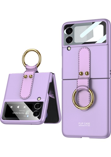 Samsung Galaxy Z Flip3 5g-Purple Için Halka Tutucu Kickstand Ultra Don Deri Kaplamalı Pc Telefon Flip Case Kapağı Temperli Cam Kamera Lens Koruyucu Film (Yurt Dışından)
