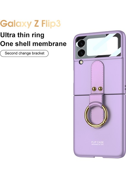 Samsung Galaxy Z Flip3 5g-Purple Için Halka Tutucu Kickstand Ultra Don Deri Kaplamalı Pc Telefon Flip Case Kapağı Temperli Cam Kamera Lens Koruyucu Film (Yurt Dışından)
