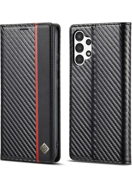 Samsung Galaxy A13 4G/A04 4g (164.4 x 76.3 x 9.1 Mm), Pu Deri Karbon Fiber Doku Standı Manyetik Otomatik Emici Folio Koruyucu Telefon Kapak-Dikey Şerit (Yurt Dışından)