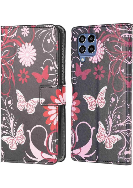Samsung Galaxy M53 Için 5g Moda Desen Baskı Çizelge Önleme Pu Deri Cep Telefon Kılıfı Stand-Black/kelebek (Yurt Dışından)