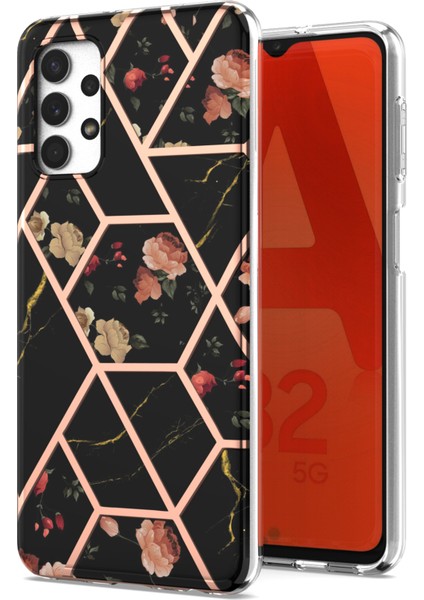 Samsung Galaxy A13 Için 4g Elektrapılaşma Mermer Telefon Kılıfı Yumuşak Tpu Şok Emici Imd Kapak Siyah Çiçekler (Yurt Dışından)