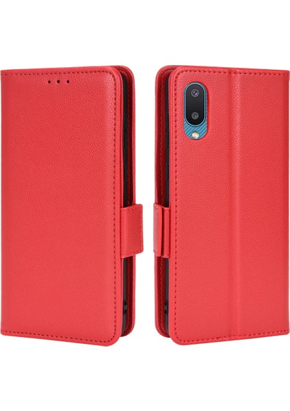 Litchi Doku Pu Deri Folyo Flip Cüzdan Kılıfı Tam Vücut Koruyucu Stand Samsung Galaxy A02-RED Için (Yurt Dışından)